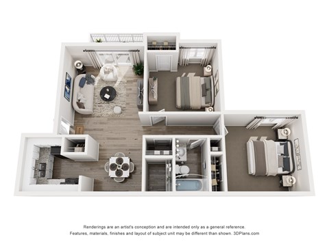 Floor plan for 2 beds, 1 bath, 907 sqft